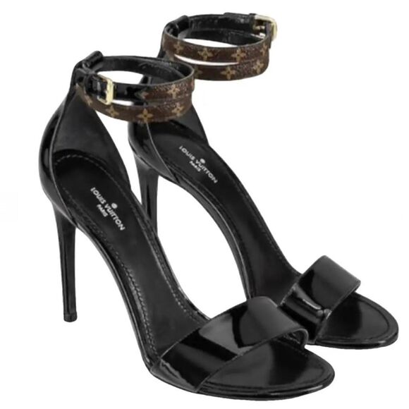LOUIS VUITTON Fluer Call Back Black Sandal Heels Size 39 Logo Leather Monogram - Picture 13 of 13